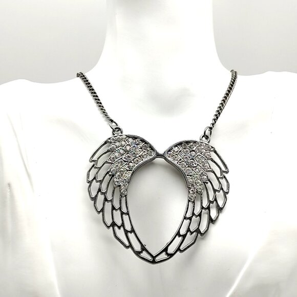 Rhinestone Angel Wing Open Heart Necklace Silver Tone Statement Pendant Chain - Picture 8 of 16